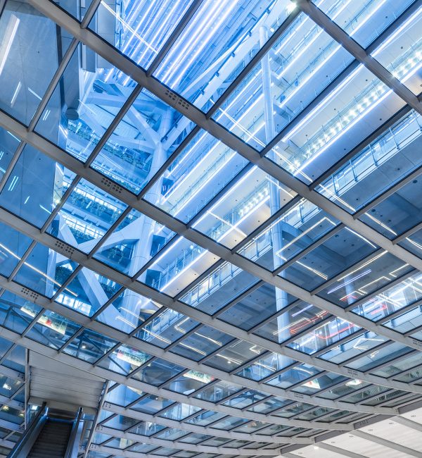 Directly Below Shot Of glass Skylight in a modern building.